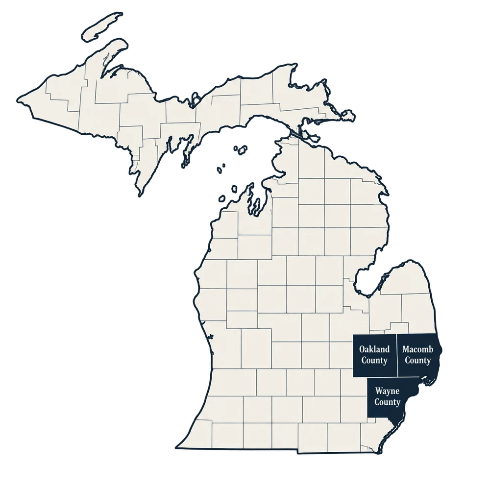 Map showing Oakland County, Macomb County, and Wayne County service areas